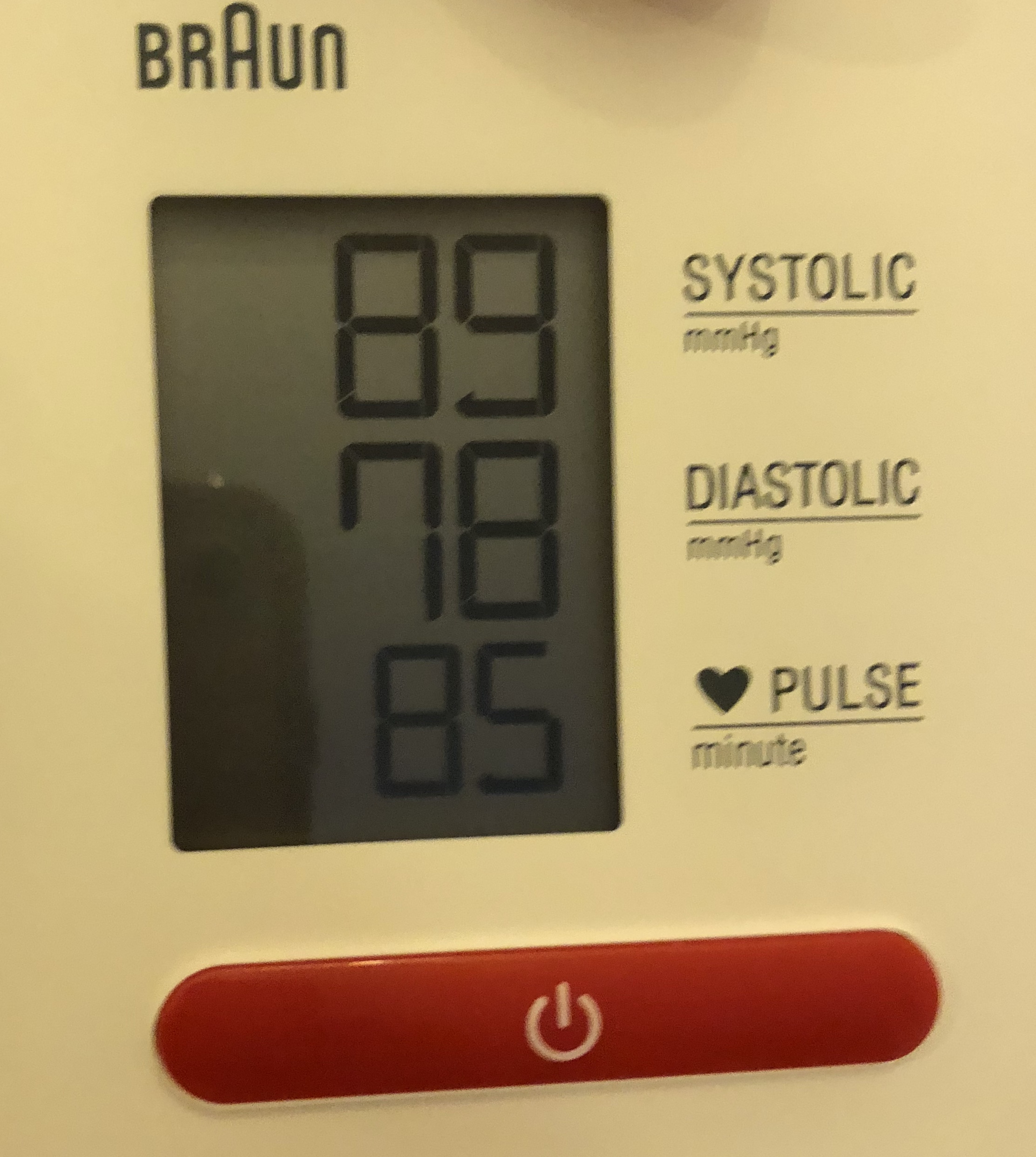 A blood pressure monitor showing a low reading