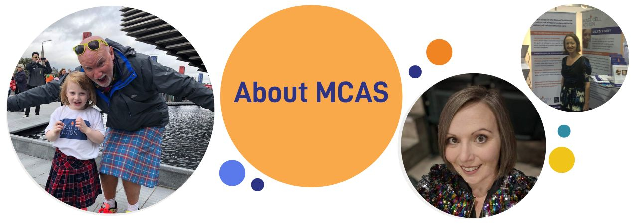 Pictures of MCAS volunteers and fundraisers in bubbles across a header saying 'About MCAS'