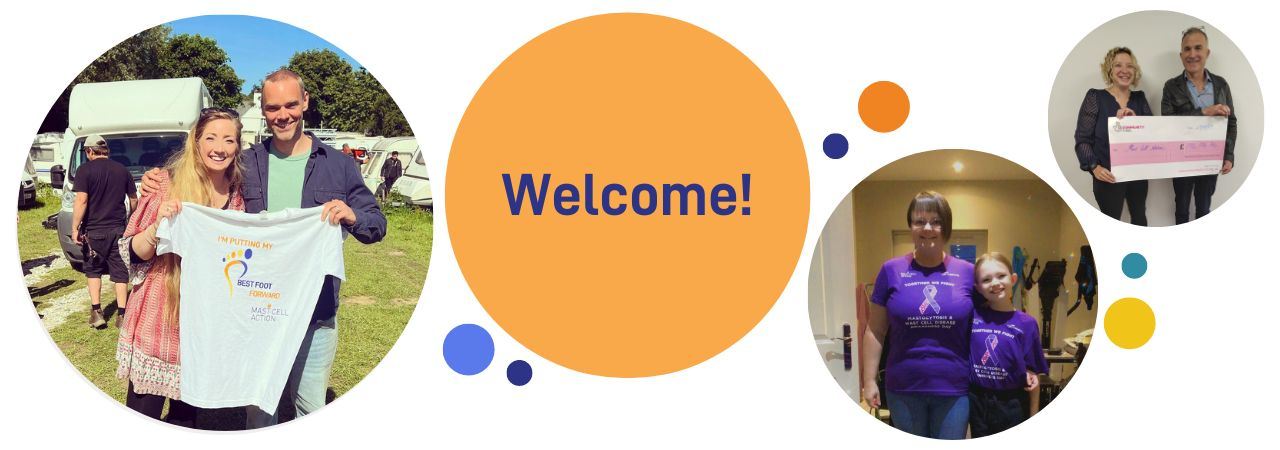 A number of pictures of Mast Cell Action fundraisers and staff in bubbles across the header