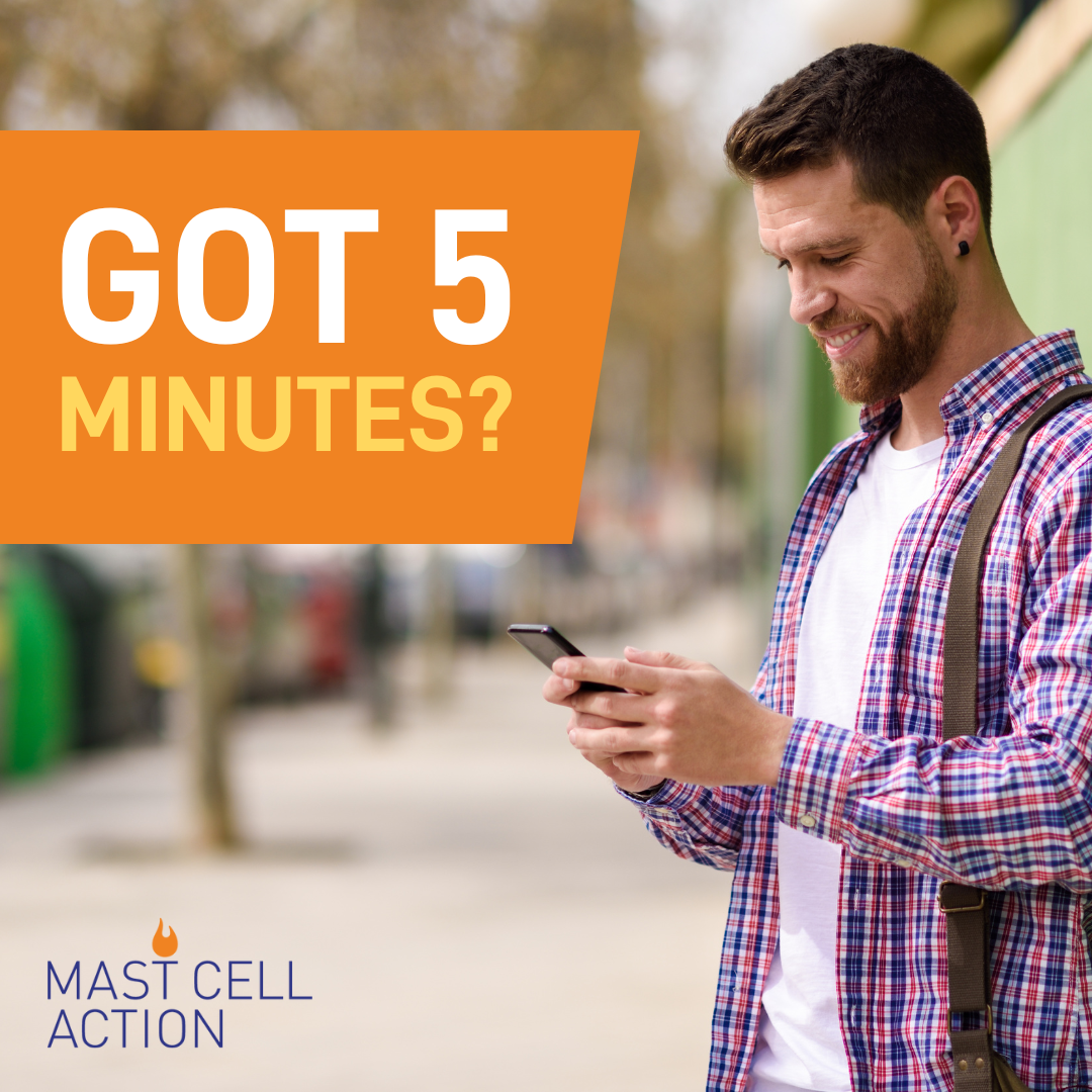 Picture of a man looking at a phone. 'Got 5 minutes' is written in text on the picture